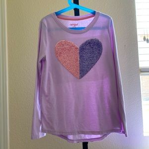 Purple long sleeve shirt with half pink and half purple sequence heart